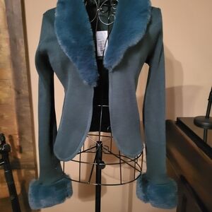 Elegant Blue Faux Fur Trimmed Women's Jacket